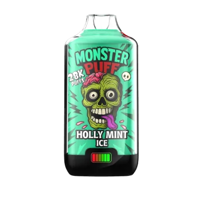 Bouteille verte de e-liquide Monster Puff Holly Mint Ice, avec un crâne vert sur l'étiquette Bouteille verte de e-liquide Monster Puff Holly Mint Ice, avec un crâne vert sur l'étiquette
