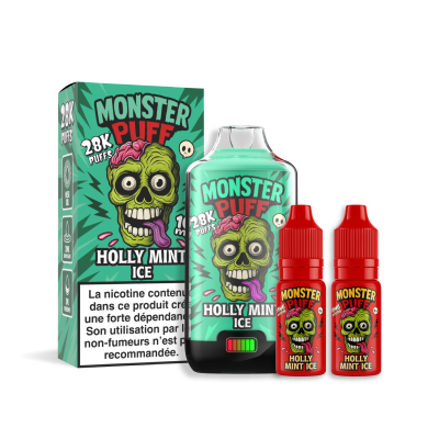 E-liquide Monster Puff Holly Mint Ice, bouteille verte avec logo de monstre, deux flacons rouges E-liquide Monster Puff Holly Mint Ice, bouteille verte avec logo de monstre, deux flacons rouges