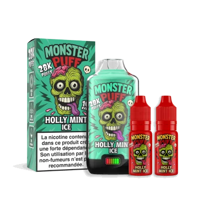 E-liquide Monster Puff Holly Mint Ice, bouteille verte avec logo de monstre, deux flacons rouges E-liquide Monster Puff Holly Mint Ice, bouteille verte avec logo de monstre, deux flacons rouges