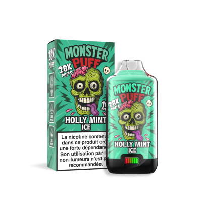 Produit de vapotage Monster Puff 28k Holly Mint Ice, boîte et flacon vert avec logo zombie Produit de vapotage Monster Puff 28k Holly Mint Ice, boîte et flacon vert avec logo zombie