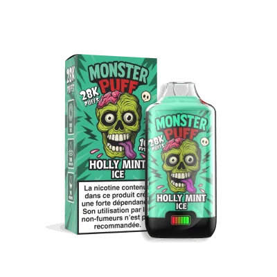 Produit de vapotage Monster Puff 28k Holly Mint Ice, boîte et flacon vert avec logo zombie Produit de vapotage Monster Puff 28k Holly Mint Ice, boîte et flacon vert avec logo zombie