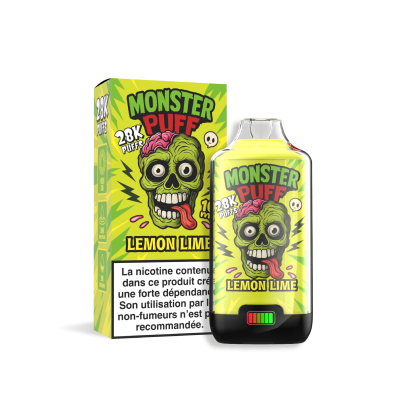 Bouteille et boîte de e-liquide Monster Puff saveur citron vert, design zombie vert fluo Bouteille et boîte de e-liquide Monster Puff saveur citron vert, design zombie vert fluo