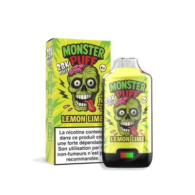 Bouteille et boîte de e-liquide Monster Puff saveur citron vert, design zombie vert fluo Bouteille et boîte de e-liquide Monster Puff saveur citron vert, design zombie vert fluo