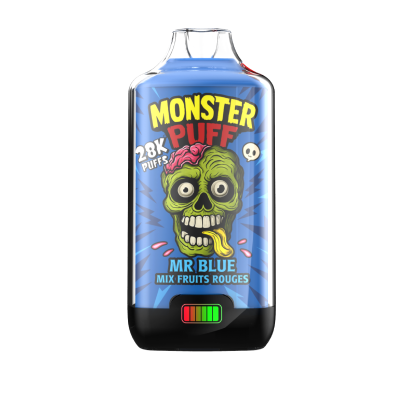 Bouteille de e-liquide Monster Puff Mr Blue, saveur fruits rouges, 28000 bouffées, design coloré Bouteille de e-liquide Monster Puff Mr Blue, saveur fruits rouges, 28000 bouffées, design coloré
