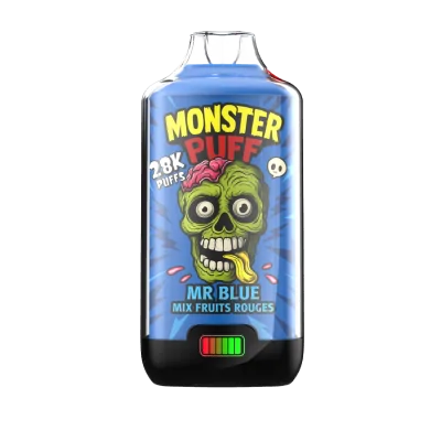Bouteille de e-liquide Monster Puff Mr Blue, saveur fruits rouges, 28000 bouffées, design coloré