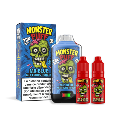 Produit e-liquide Monster Puff 28k Mr Blue, boîte, flacon et flacons d'arômes aux fruits rouges Produit e-liquide Monster Puff 28k Mr Blue, boîte, flacon et flacons d'arômes aux fruits rouges