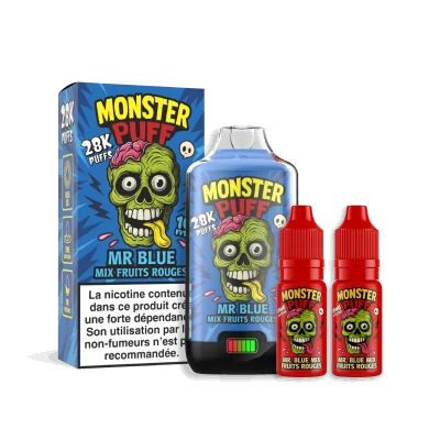 Produit e-liquide Monster Puff 28k Mr Blue, boîte, flacon et flacons d'arômes aux fruits rouges