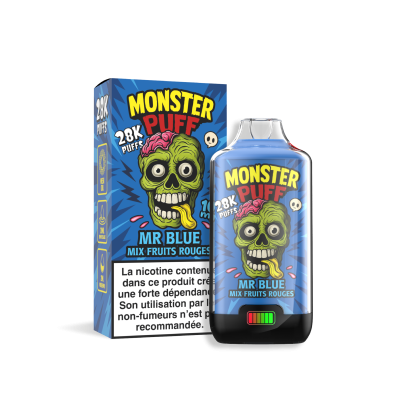 Emballage et flacon de e-liquide Monster Puff 28k Mr Blue saveur fruits rouges pour vapoteuse Emballage et flacon de e-liquide Monster Puff 28k Mr Blue saveur fruits rouges pour vapoteuse