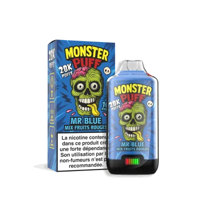 Emballage et flacon de e-liquide Monster Puff 28k Mr Blue saveur fruits rouges pour vapoteuse