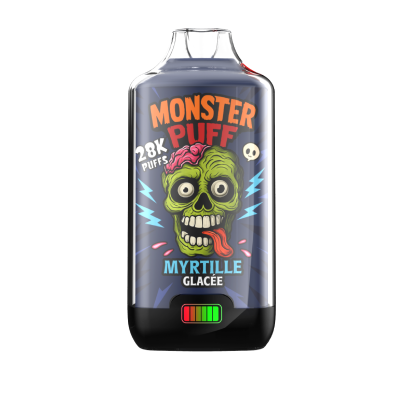 Bouteille Monster Puff 28k parfum Myrtille Glacée avec illustration de crâne vert fluo Bouteille Monster Puff 28k parfum Myrtille Glacée avec illustration de crâne vert fluo