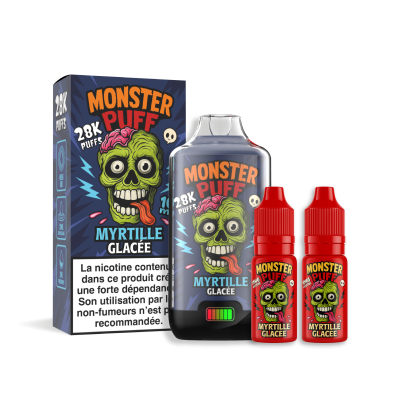 Liquide e-cigarette Monster Puff 28k Myrtille Glacée, bouteille et boîte avec logo monstre vert Liquide e-cigarette Monster Puff 28k Myrtille Glacée, bouteille et boîte avec logo monstre vert