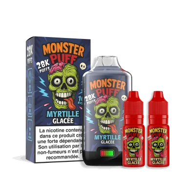 Liquide e-cigarette Monster Puff 28k Myrtille Glacée, bouteille et boîte avec logo monstre vert Liquide e-cigarette Monster Puff 28k Myrtille Glacée, bouteille et boîte avec logo monstre vert