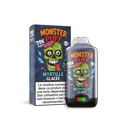 Produit vape Monster Puff 28k Myrtille Glacée, boîte et flacon avec logo zombie vert Produit vape Monster Puff 28k Myrtille Glacée, boîte et flacon avec logo zombie vert