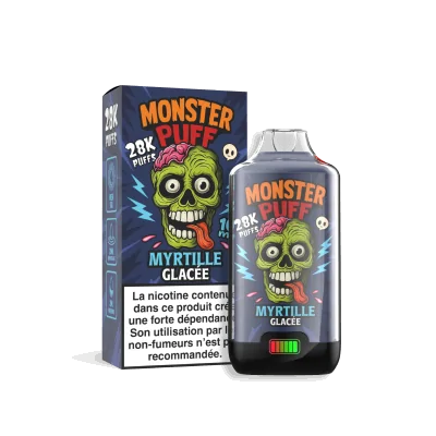 Produit vape Monster Puff 28k Myrtille Glacée, boîte et flacon avec logo zombie vert Produit vape Monster Puff 28k Myrtille Glacée, boîte et flacon avec logo zombie vert