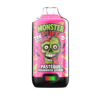 Bouteille Monster Puff rose, saveur pastèque framboise givrée, 28k bouffées, visuel crâne vert Bouteille Monster Puff rose, saveur pastèque framboise givrée, 28k bouffées, visuel crâne vert