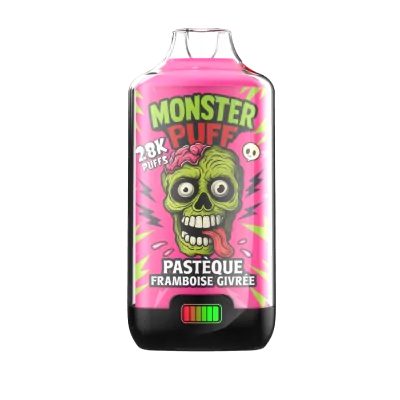 Bouteille Monster Puff rose, saveur pastèque framboise givrée, 28k bouffées, visuel crâne vert Bouteille Monster Puff rose, saveur pastèque framboise givrée, 28k bouffées, visuel crâne vert