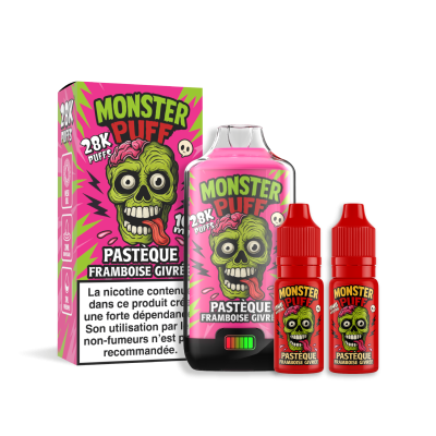 Produit e-liquide Monster Puff 28k Pastèque Framboise Givrée avec bouteille et boîte rose Produit e-liquide Monster Puff 28k Pastèque Framboise Givrée avec bouteille et boîte rose