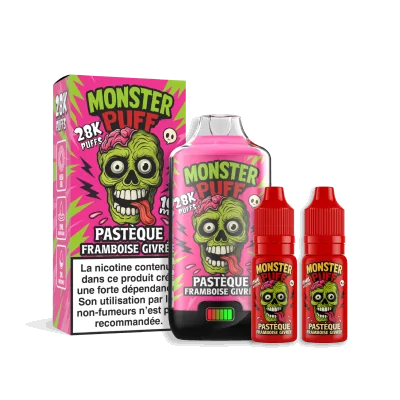 Produit e-liquide Monster Puff 28k Pastèque Framboise Givrée avec bouteille et boîte rose Produit e-liquide Monster Puff 28k Pastèque Framboise Givrée avec bouteille et boîte rose