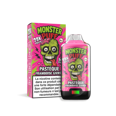 Produit Monster Puff 28k parfum Pastèque Framboise Givrée, boîte et flacon rose vif Produit Monster Puff 28k parfum Pastèque Framboise Givrée, boîte et flacon rose vif
