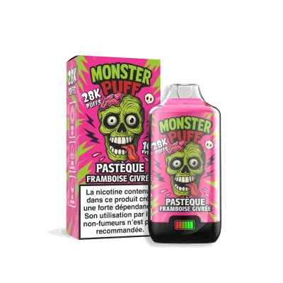 Produit Monster Puff 28k parfum Pastèque Framboise Givrée, boîte et flacon rose vif Produit Monster Puff 28k parfum Pastèque Framboise Givrée, boîte et flacon rose vif