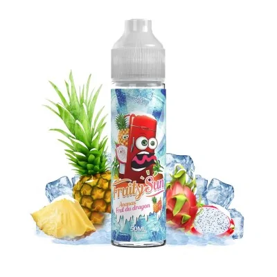 E-liquide Ananas Fruit du Dragon, bouteille avec mascotte rouge et fruits exotiques glacés