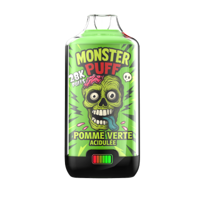 Bouteille Monster Puff 28k Pomme Verte Acidulée, e-liquide vert avec logo zombie Bouteille Monster Puff 28k Pomme Verte Acidulée, e-liquide vert avec logo zombie