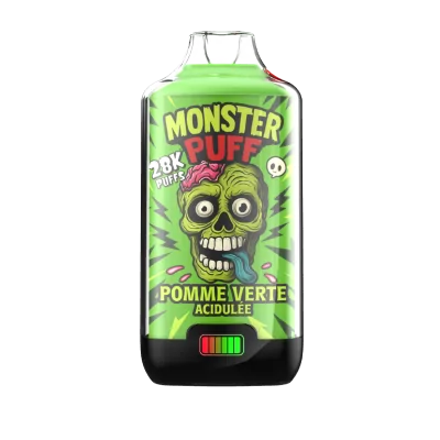 Bouteille Monster Puff 28k Pomme Verte Acidulée, e-liquide vert avec logo zombie Bouteille Monster Puff 28k Pomme Verte Acidulée, e-liquide vert avec logo zombie