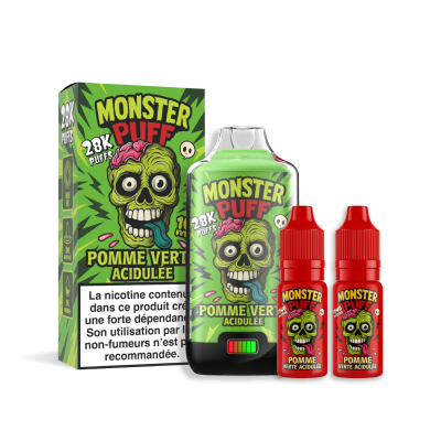 Produit e-liquide Monster Puff 28k Pomme Verte Acidulée avec boîte, flacon et recharges Produit e-liquide Monster Puff 28k Pomme Verte Acidulée avec boîte, flacon et recharges