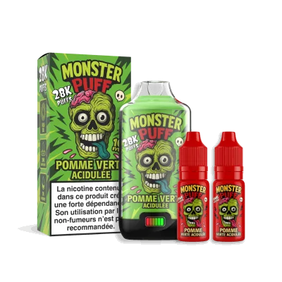 Produit e-liquide Monster Puff 28k Pomme Verte Acidulée avec boîte, flacon et recharges Produit e-liquide Monster Puff 28k Pomme Verte Acidulée avec boîte, flacon et recharges