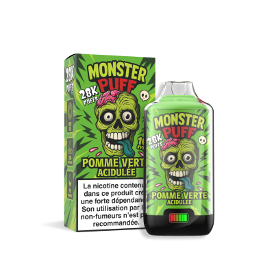 Boîte et flacon de e-liquide Monster Puff 28k Pomme Verte Acidulée, packaging vert vif Boîte et flacon de e-liquide Monster Puff 28k Pomme Verte Acidulée, packaging vert vif