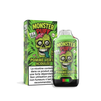 Boîte et flacon de e-liquide Monster Puff 28k Pomme Verte Acidulée, packaging vert vif Boîte et flacon de e-liquide Monster Puff 28k Pomme Verte Acidulée, packaging vert vif
