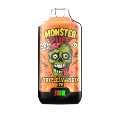 Bouteille de e-liquide Monster Puff Triple Mango Ice, 28k puffs, design coloré avec tête de zombie Bouteille de e-liquide Monster Puff Triple Mango Ice, 28k puffs, design coloré avec tête de zombie