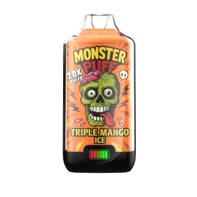 Bouteille de e-liquide Monster Puff Triple Mango Ice, 28k puffs, design coloré avec tête de zombie Bouteille de e-liquide Monster Puff Triple Mango Ice, 28k puffs, design coloré avec tête de zombie