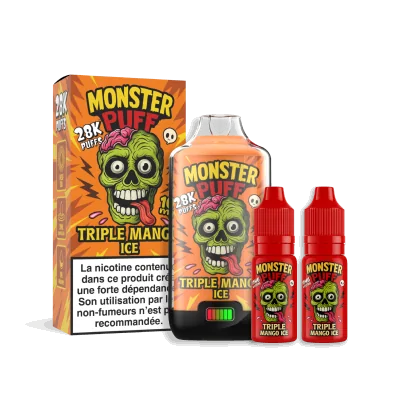 Produit e-cigarette Monster Puff 28k Triple Mango Ice avec bouteille et flacons de liquide Produit e-cigarette Monster Puff 28k Triple Mango Ice avec bouteille et flacons de liquide