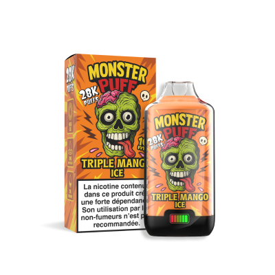 Boîte et flacon de e-liquide Monster Puff Triple Mango Ice, design coloré avec monstre vert Boîte et flacon de e-liquide Monster Puff Triple Mango Ice, design coloré avec monstre vert