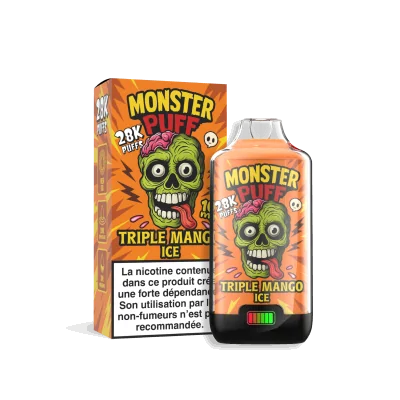Boîte et flacon de e-liquide Monster Puff Triple Mango Ice, design coloré avec monstre vert Boîte et flacon de e-liquide Monster Puff Triple Mango Ice, design coloré avec monstre vert