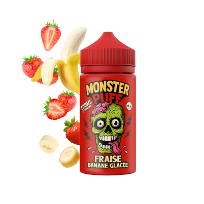 Bouteille e-liquide Monster Puff rouge avec fruits, saveur fraise banane glacée Bouteille e-liquide Monster Puff rouge avec fruits, saveur fraise banane glacée