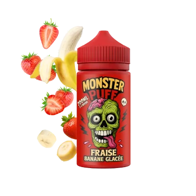 Bouteille e-liquide Monster Puff rouge avec fruits, saveur fraise banane glacée