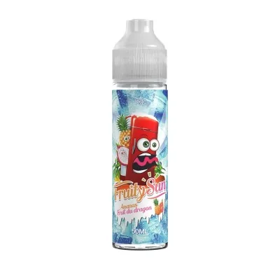 E-liquide Fruity Sun ananas et fruit du dragon, bouteille avec personnage rouge comique