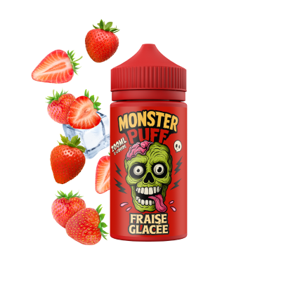 E-liquide Monster Puff 200ml Fraise Glacée, bouteille rouge avec logo monstre vert et fraises E-liquide Monster Puff 200ml Fraise Glacée, bouteille rouge avec logo monstre vert et fraises