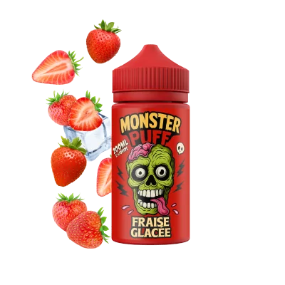 E-liquide Monster Puff 200ml Fraise Glacée, bouteille rouge avec logo monstre vert et fraises