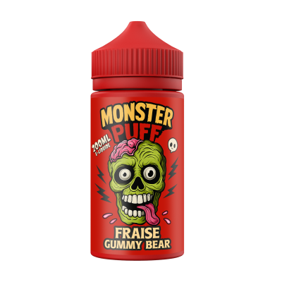 E-liquide Monster Puff 200ml Fraise Gummy Bear, flacon rouge avec tête de zombie verte E-liquide Monster Puff 200ml Fraise Gummy Bear, flacon rouge avec tête de zombie verte