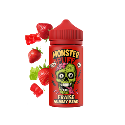 E-liquide Monster Puff 200ml Fraise Gummy Bear avec illustration de zombie et fraises E-liquide Monster Puff 200ml Fraise Gummy Bear avec illustration de zombie et fraises