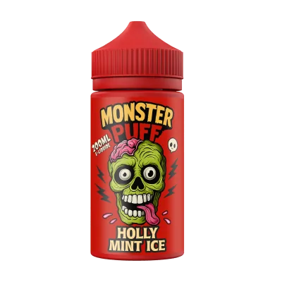 Flacon rouge d'e-liquide Monster Puff 200ml Holly Mint Ice avec logo de zombie vert