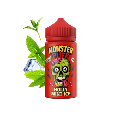 E-liquide Monster Puff 200ml Holly Mint Ice, bouteille rouge avec dessin de zombie vert E-liquide Monster Puff 200ml Holly Mint Ice, bouteille rouge avec dessin de zombie vert