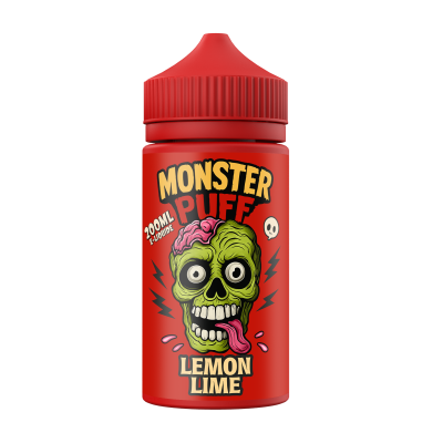 Flacon rouge d'e-liquide Monster Puff 200ml saveur citron vert avec logo zombie vert Flacon rouge d'e-liquide Monster Puff 200ml saveur citron vert avec logo zombie vert