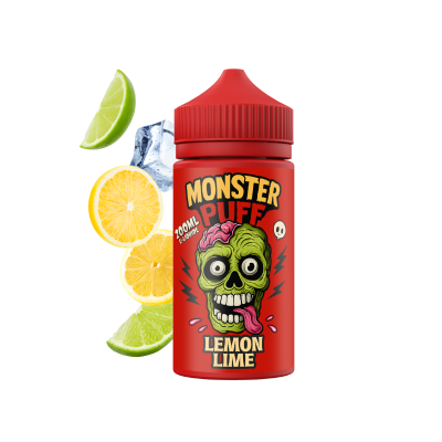 Bouteille rouge Monster Puff e-liquide saveur citron-lime avec fruits frais en arrière-plan Bouteille rouge Monster Puff e-liquide saveur citron-lime avec fruits frais en arrière-plan