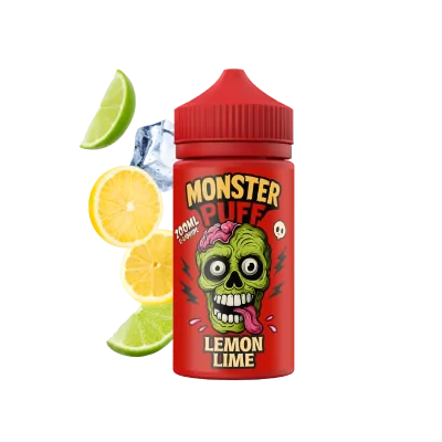 Bouteille rouge Monster Puff e-liquide saveur citron-lime avec fruits frais en arrière-plan Bouteille rouge Monster Puff e-liquide saveur citron-lime avec fruits frais en arrière-plan