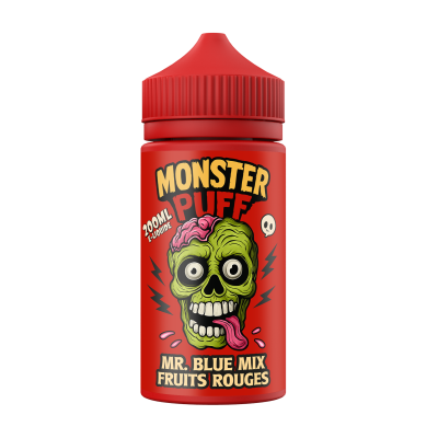 E-liquide Monster Puff 200ml saveur fruits rouges, bouteille rouge avec logo zombie vert E-liquide Monster Puff 200ml saveur fruits rouges, bouteille rouge avec logo zombie vert
