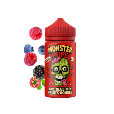 E-liquide Monster Puff 200ml saveur fruits rouges avec illustration de monstre vert E-liquide Monster Puff 200ml saveur fruits rouges avec illustration de monstre vert